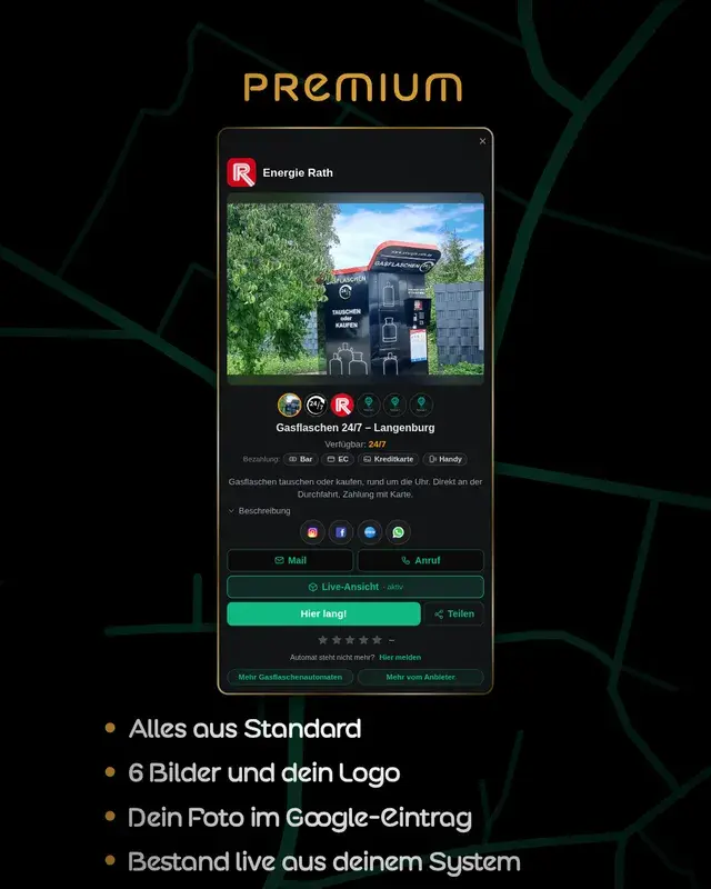Reel-Cover: Premium-Eintrag auf woautomat.de am Beispiel Gasflaschen 24/7 in Langenburg, mit Fotos, Logo und Live-Bestand