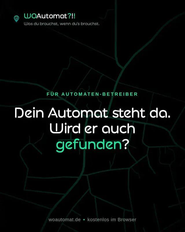 Karussell-Cover für Automaten-Betreiber: „Dein Automat steht da. Wird er auch gefunden?“ auf dunklem Kartenhintergrund