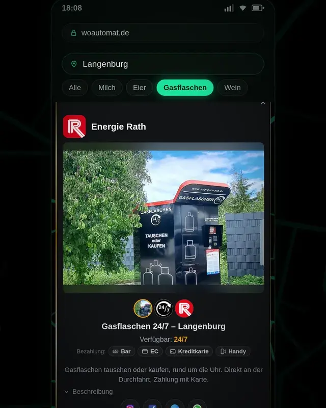 Reel-Cover: Handy zeigt woautomat.de mit Filter auf Gasflaschen und der Kachel des Automaten Gasflaschen 24/7 in Langenburg