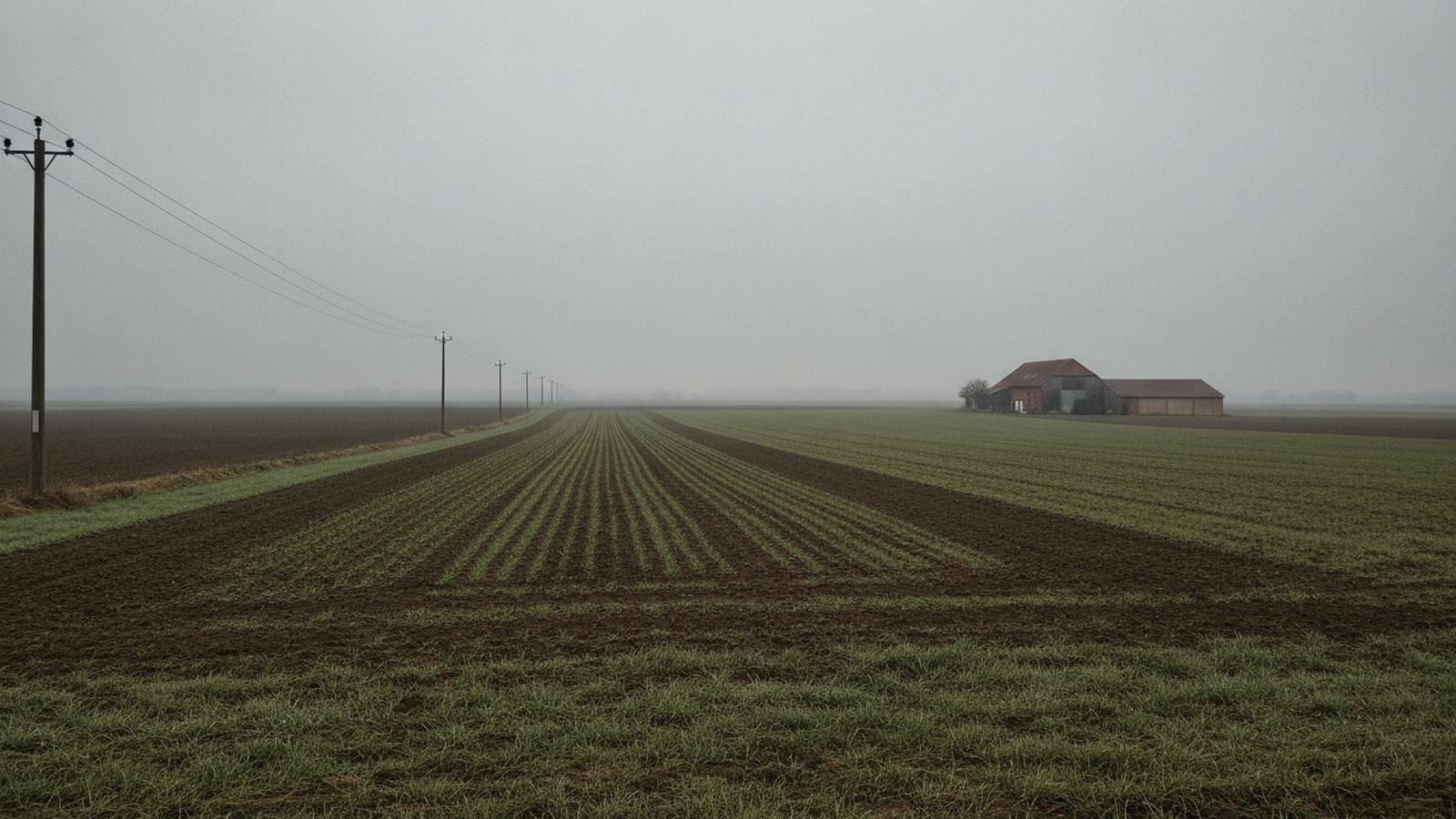 Einzelner Hof mit langer Scheune am Rand eines weiten, frisch bestellten Ackers, grauer Dunst, Strommasten am linken Feldrand